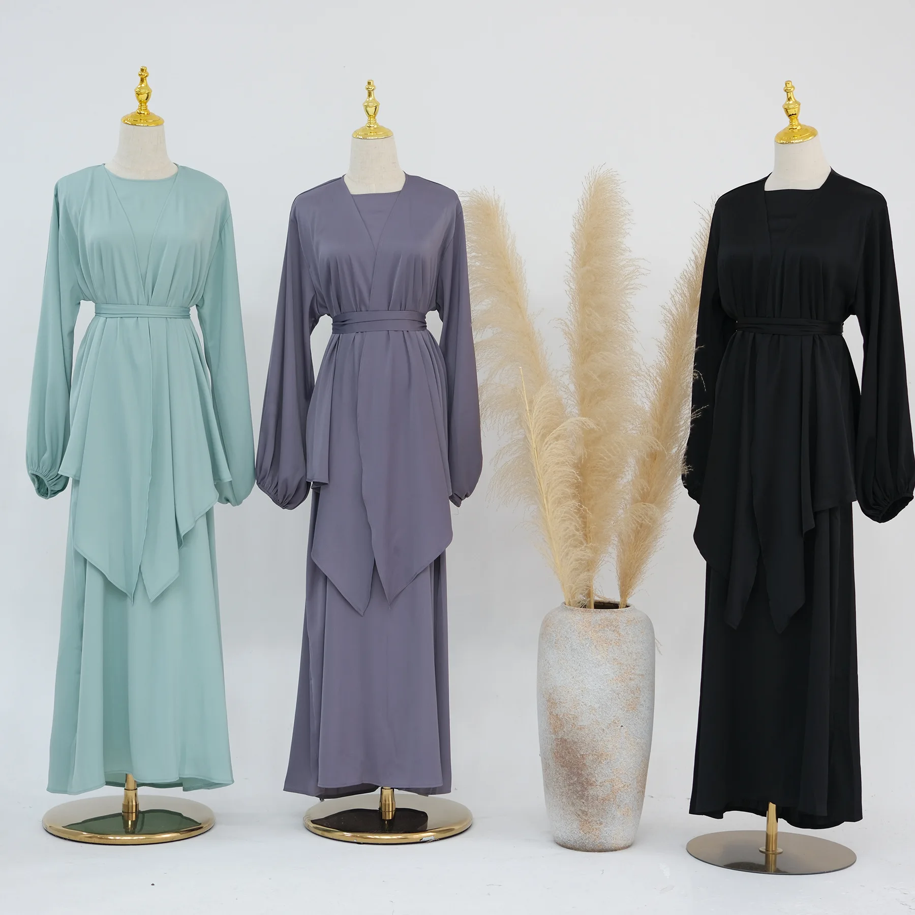 F25 New Lustrous Satin 3pcs dress set with sleeveness dress and open front cardigan and Detachable belt Elegance Loose dress set