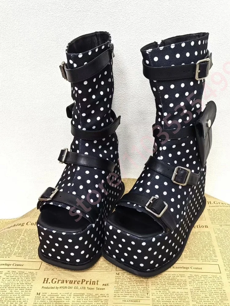 Black White Polka Dot Platform Wedge Mid Calf Boots Women Multi Buckle Straps Open Toe Side Zip Mini Pocket Gothic Sandal Boots