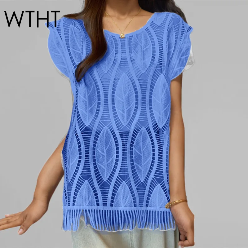 

WTHT Fashion Women Spliced Tassel Lace Embroidery Hollow Out Vest 2025 Summer Trendy O-neck Sleeveless Tank Tops Female 1LS2100