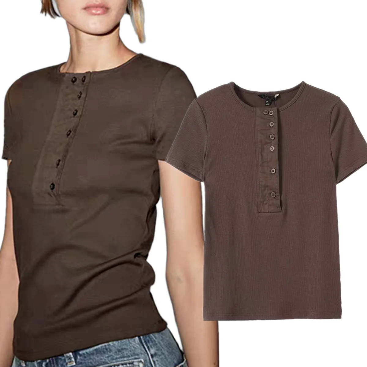 

Dave&Di Французская модная женская элегантная коричневая футболка с цветными блоками и круглым вырезом, трикотажная хлопковая футболка в рубчик, женская одежда, топы