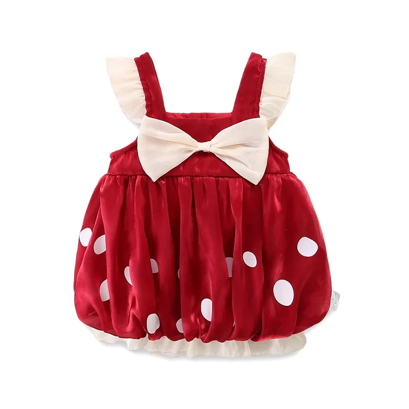 

2024 Korean Kawaii Dress Children Princess Vintage Vestidos Summer Baby Girls Birthday Red Clothes Toddlers Dot Bow Frocks Kids