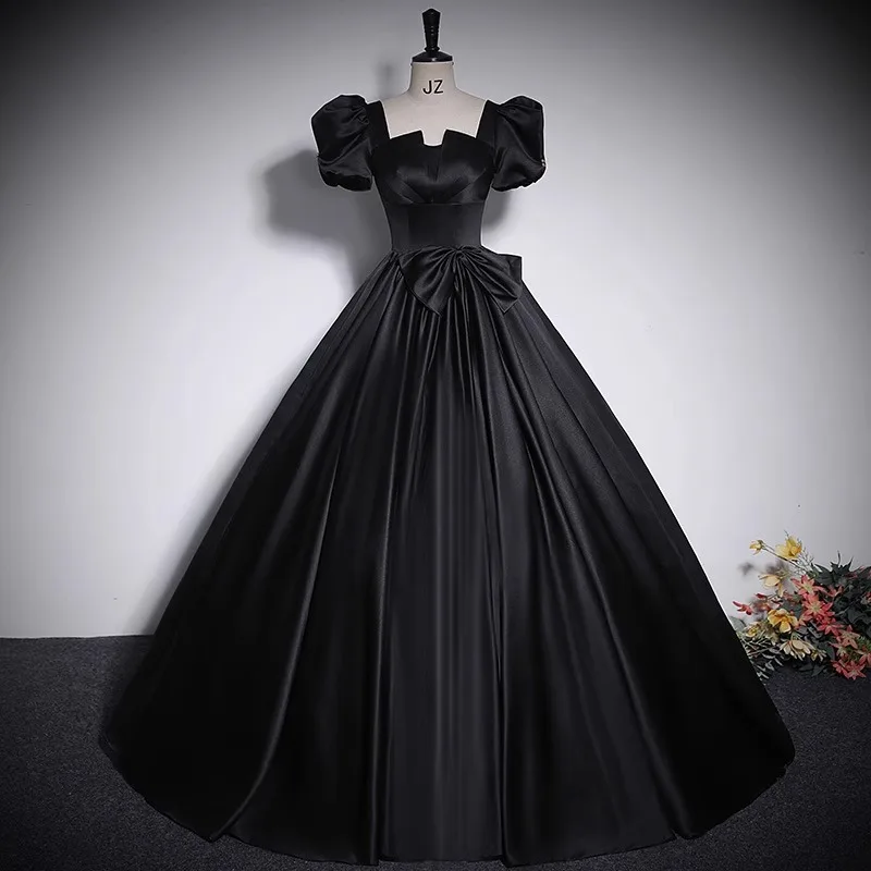 Female Satin Formal Party Dress Retro French Palace Style Prom Dress Banquet Dress Temperament Square Neck Pleated Maxi Dress