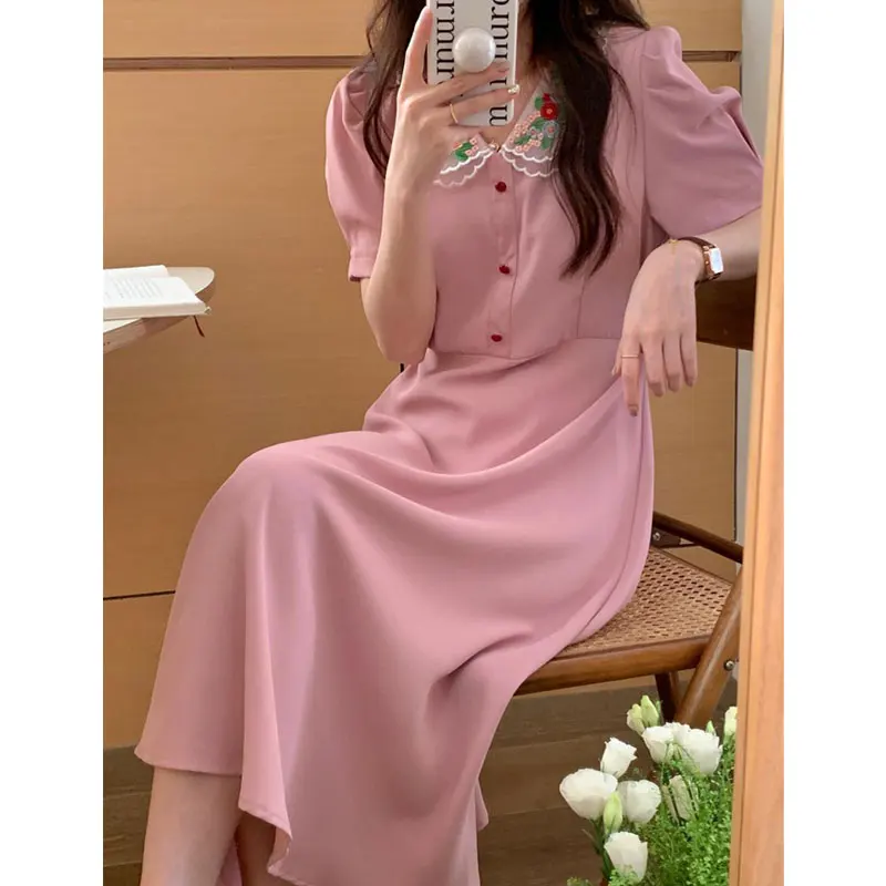 Summer Retro Women Midi Dress  Korea Office Lady Embroidery Floral Peter Pan Collar One Piece Female Fashion Black Pink Vestido