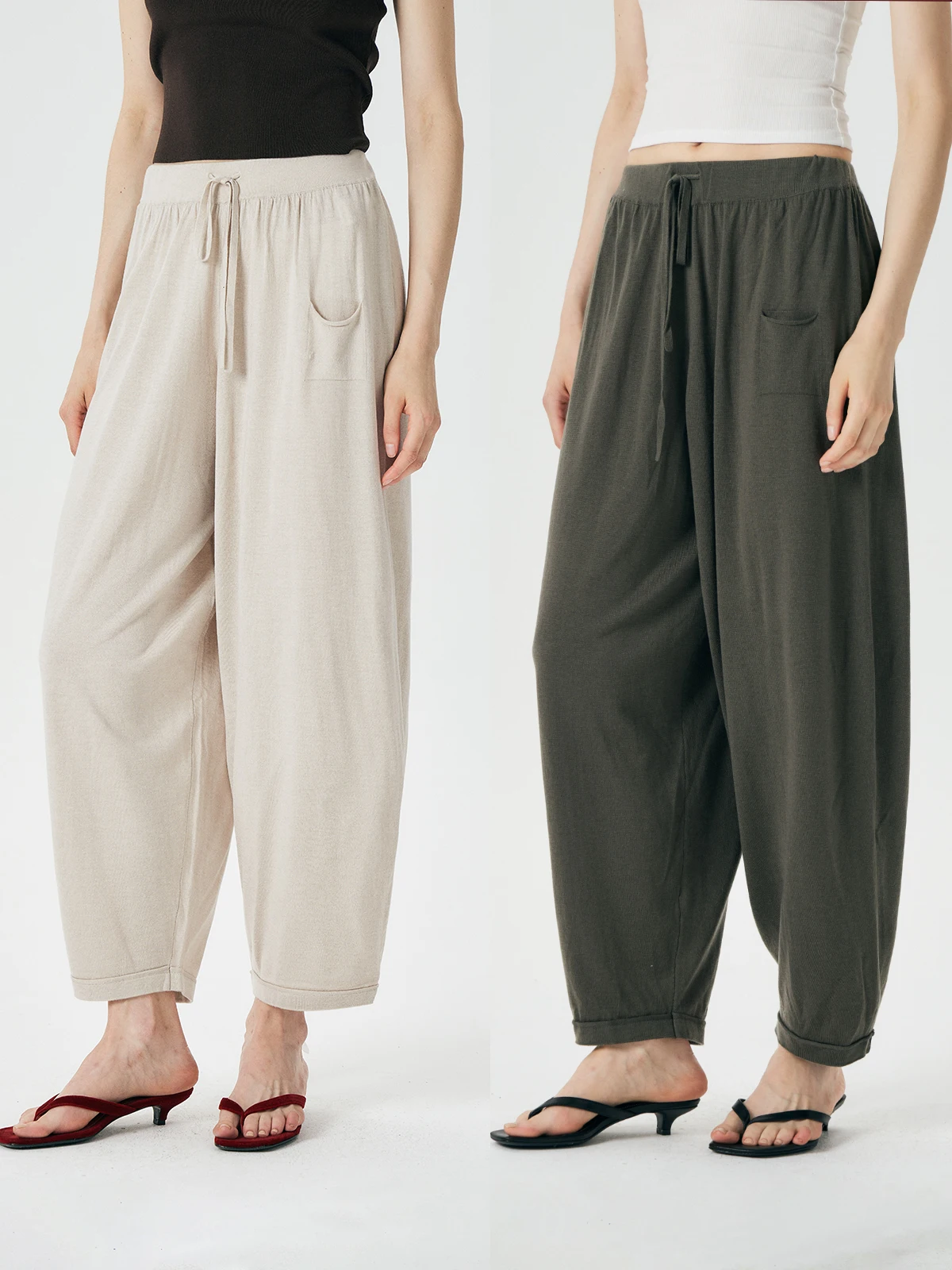 

Thoransaura Casual Wide Leg Pants Silk Wool Blend Draped Laid-Back Style Women's Premium Fashion Summer Season Natural Waist