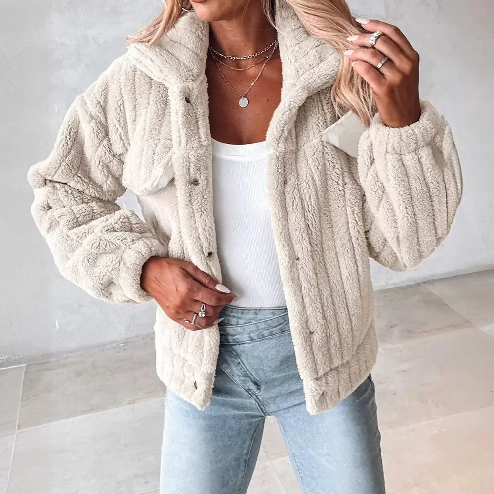 

Clothes Women Coat New Solid Color Warm Jacket Casaul Turn-Down Collar Buttoned Long Sleeved Thick Fur Tops Y2k Winter 2024