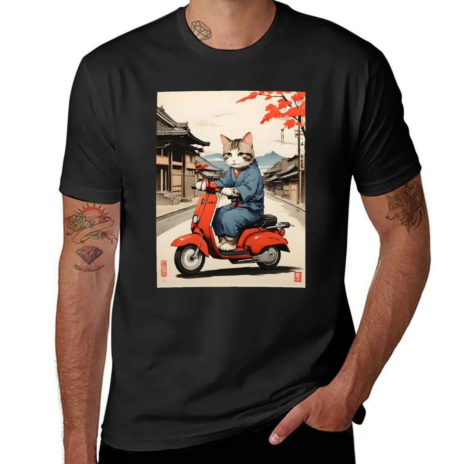 Cat Riding Scooter in Japan T-Shirt vintage clothes plus size tops big and tall t shirts for men