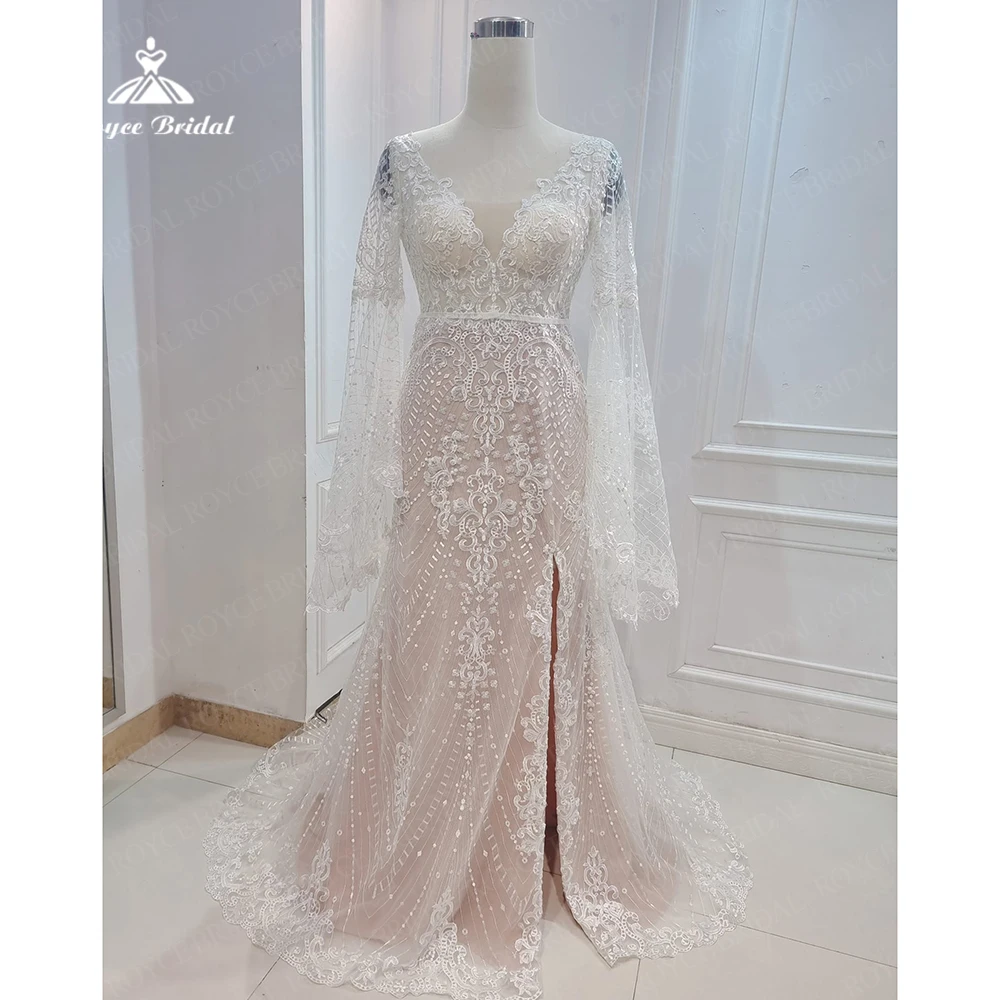 

Roycebridal, Пляжное свадебное платье с Боковым Разрезом и юбкой-годе, 2023, кружевные свадебные платья с расклешенным рукавом, индивидуальный пошив, свадебное платье