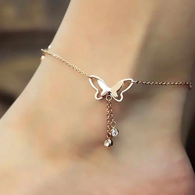 Summer Beach Foot Chain Hollow Butterfly Double Zircon Tassel Foot Chain Fashionable Women's Ankle Zircon Chain Foot Ornament