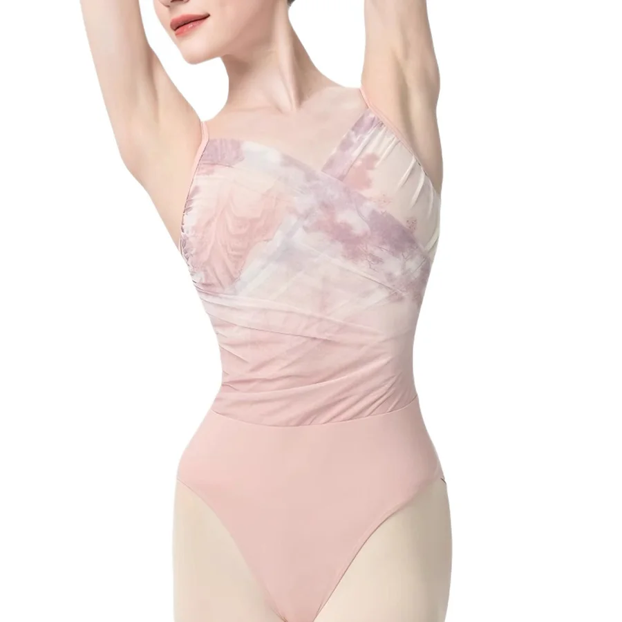 女性用タイダイ柄プリントバレエレオタード、ルーシュデザイン、プロのトレーニング用ダンスウェア