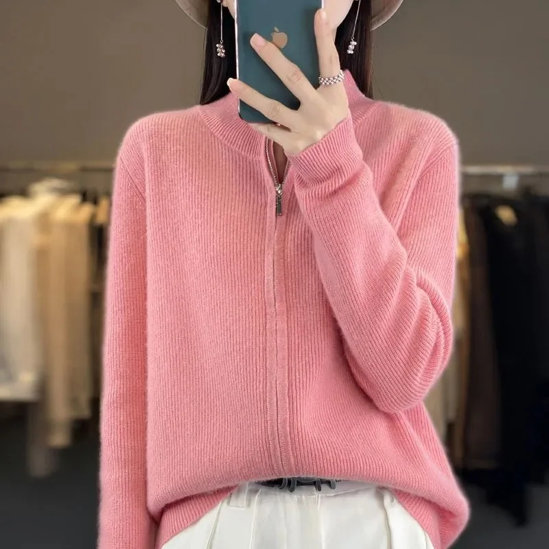 2024 New 100% Pure Wool Zipper Cardigan Padded Shoulder Stand Collar Women\'s Long Sleeve Cashmere Knitted Coat Lapel Sweater