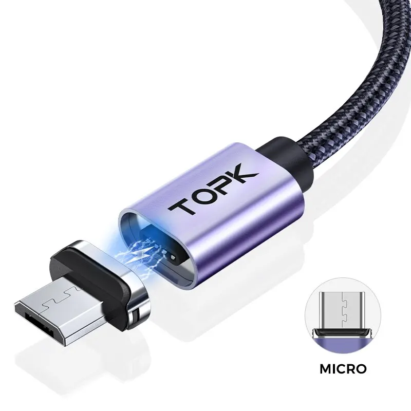 TOPK Magnetisches Ladekabel 3A Micro USB Typ C Kabel mit LED-Licht Magnet Telefon Ladegerät Kabel für iPhone Android Geräte