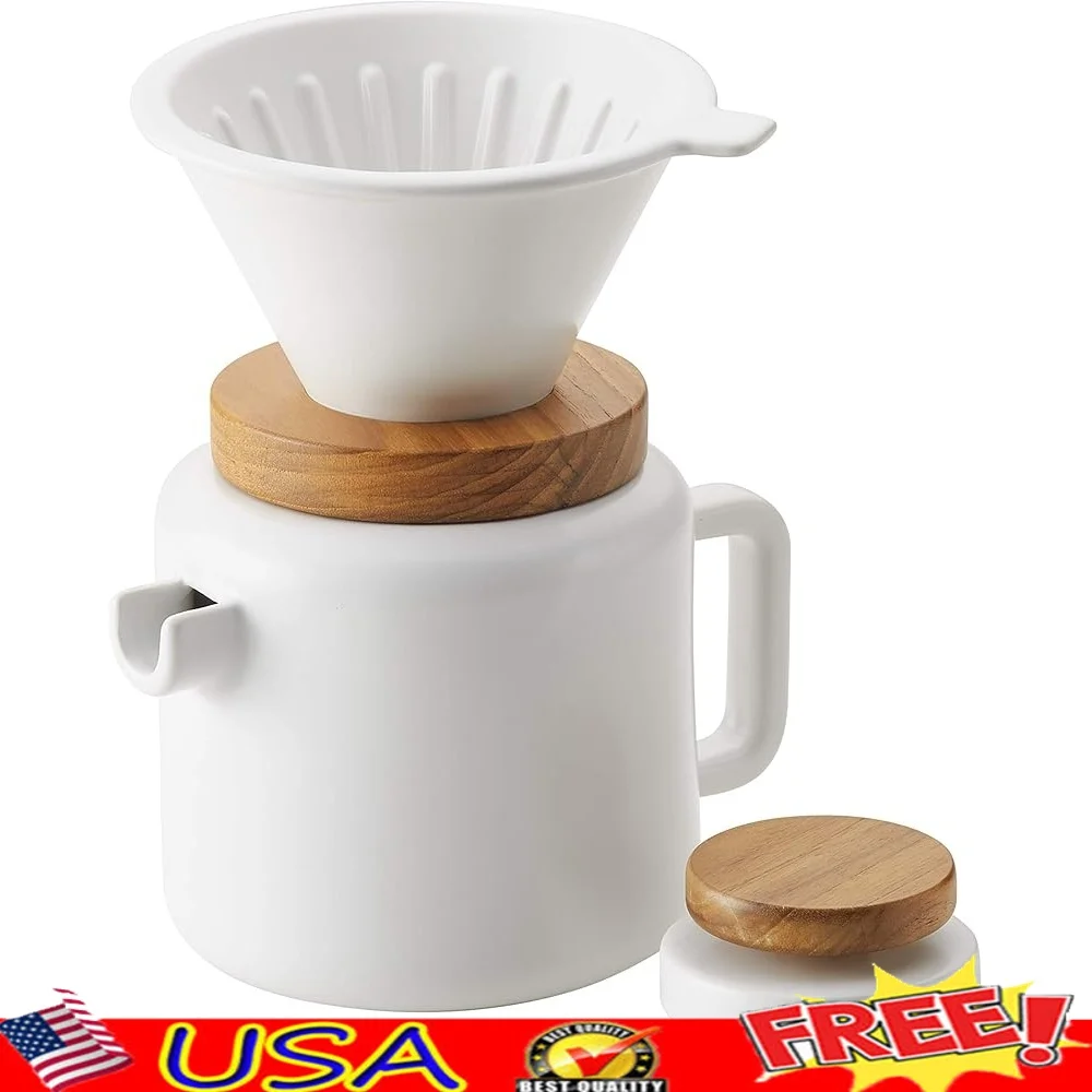 

High-Quality 4-Cup Pour Set Stoneware Coffee Maker Ceramic Construction Easy Pour Spout Teak Wood Knob Home Brewing Ideal Paper
