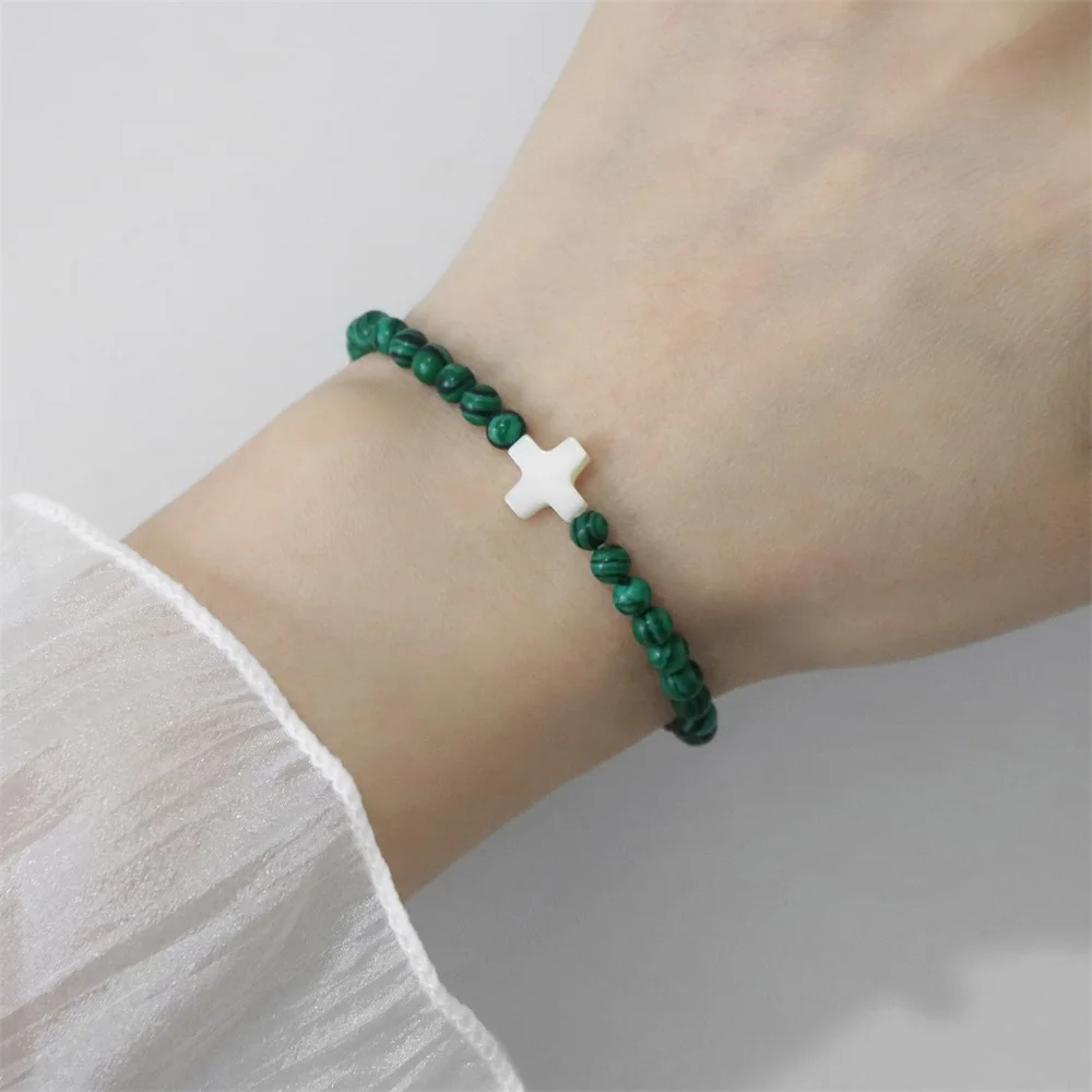 Natural Stone Malachites Beaded Bracelets Handmade Cross Charm Elastic Bracelets Bangles For Men Women Christian Jewelry Gifts