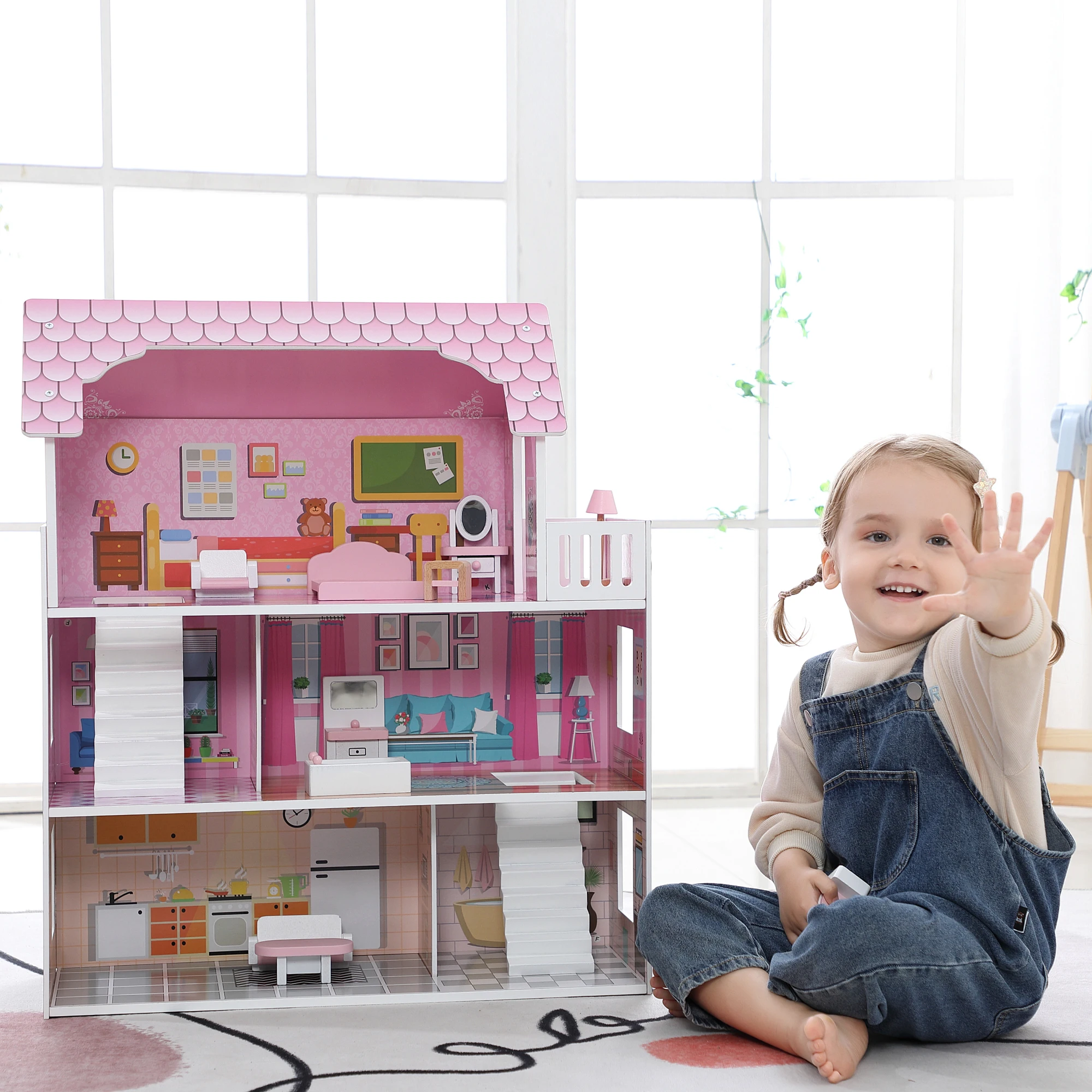 Maison de poupées en bois avec 11 meubles et accessoires d'escalier, grand ensemble de jeu de maison de poupée à 3 étages pour filles, jouet de jeu de rôle pour enfants