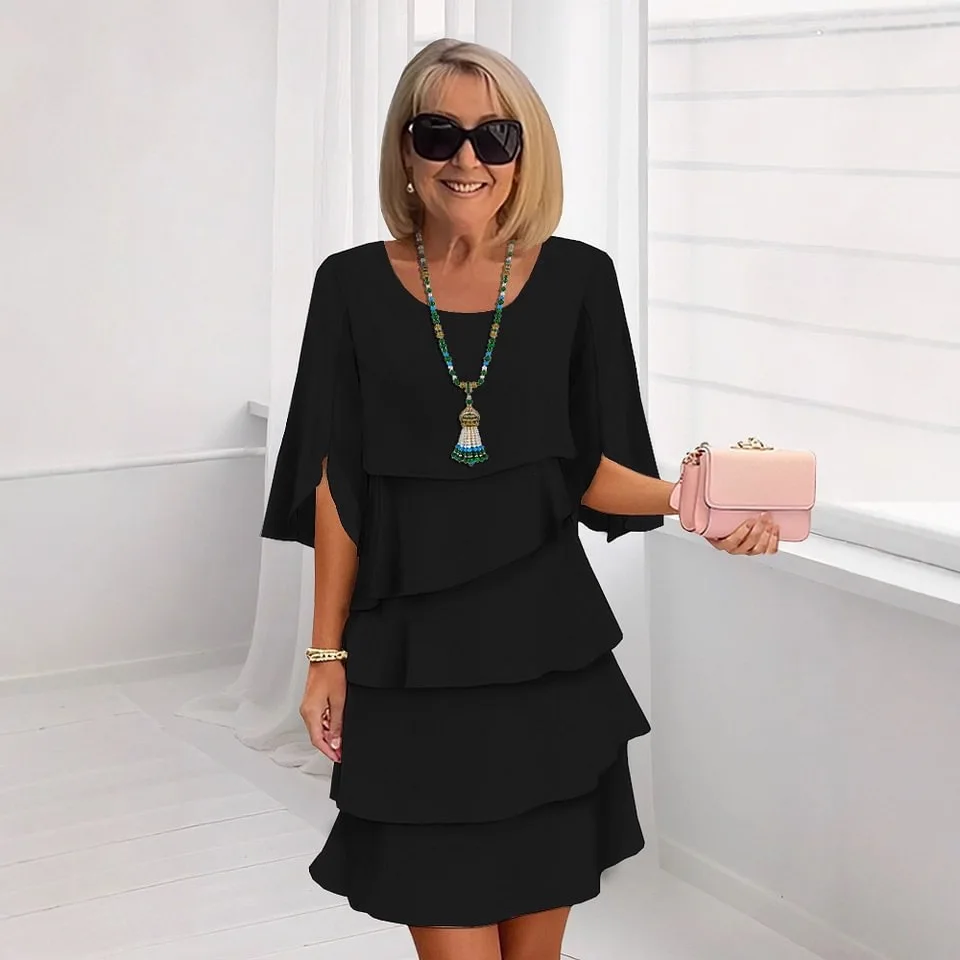 Femmes décontracté couleur unie gâteau robes été mode ample à manches courtes Mini robe bureau dames élégante robe de soirée