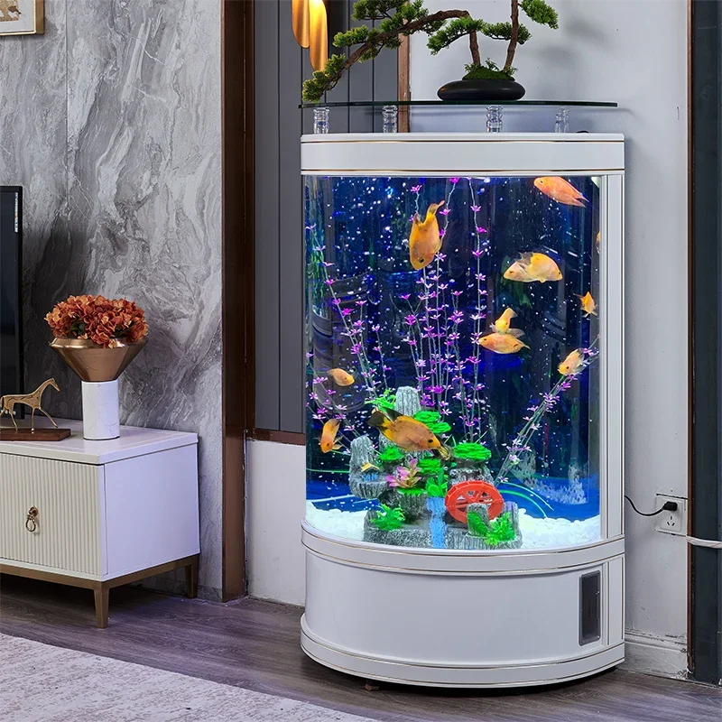 Light luxury and minimalist fish tank living room, small household semi circular floor glass aquarium ecology