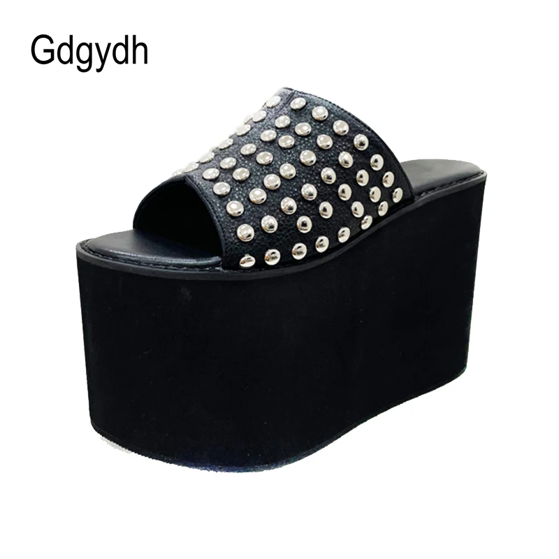 Gdgydh Studded Women\'s Platform Sandals High Heels Wedge Open Toe Slip On Backless Mules Summer Slippers Shoes Big Size