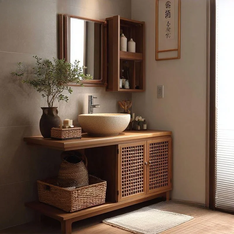 

2026 Japanese-style Rattan Wabi-sabi Bathroom Cabinet Combination Hotel Floor-to-ceiling Basin Washbasin Cabinet