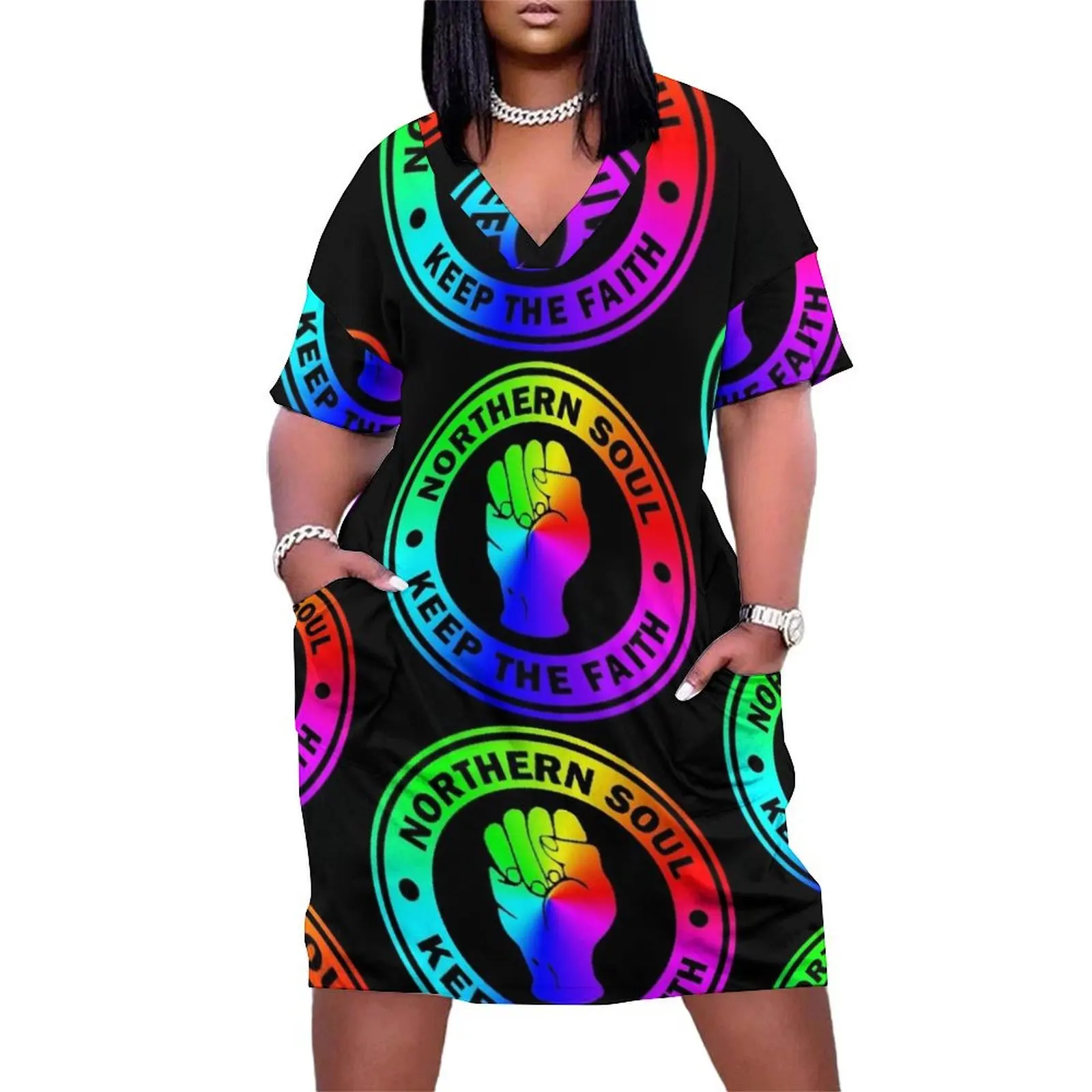 

Northern Soul Keep The Faith Logo - Rainbow Loose Pocket Dress summer dress korean women purple dress party night