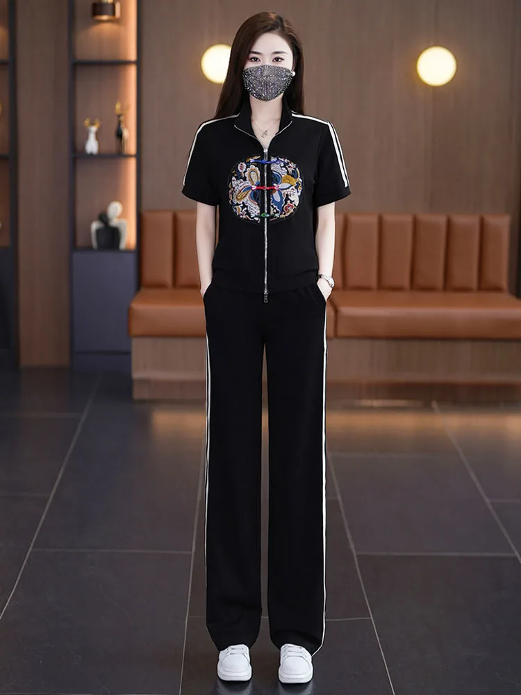 Casual Summer Outfit Set Large Size Zipper Cardigan Pants Two-Piece Set Faionable Women's Clothing Anti-Aging Trendy Sle