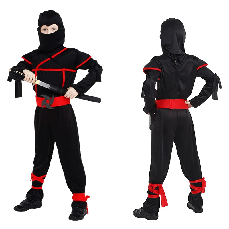 Conjunto de disfraz de Ninja para niños y niñas, traje de Cosplay para fiesta de carnaval, guerrero Invisible, asesino, disfraz elegante negro y rojo ﻿