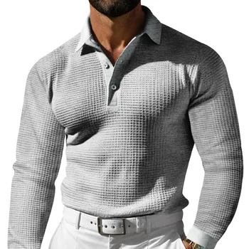 Autumn men's casual long-sleeved Polo shirt fashion solid color slim collar button Waffle Golf sweater vacation casual T-shirt