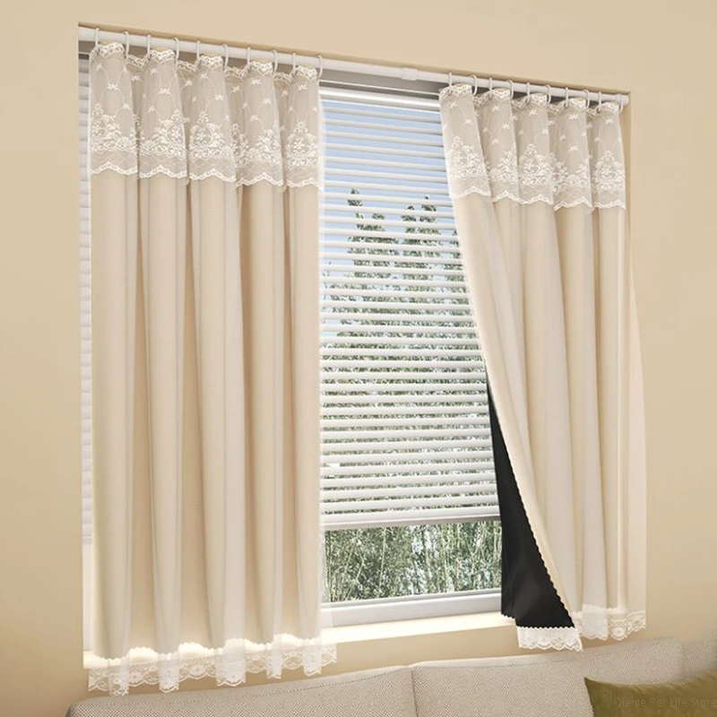 Double Layered Curtains with Embroidered White Sheer Tulle INS Window Hanging Curtains Blackout Drapes for Living Room Bedroom