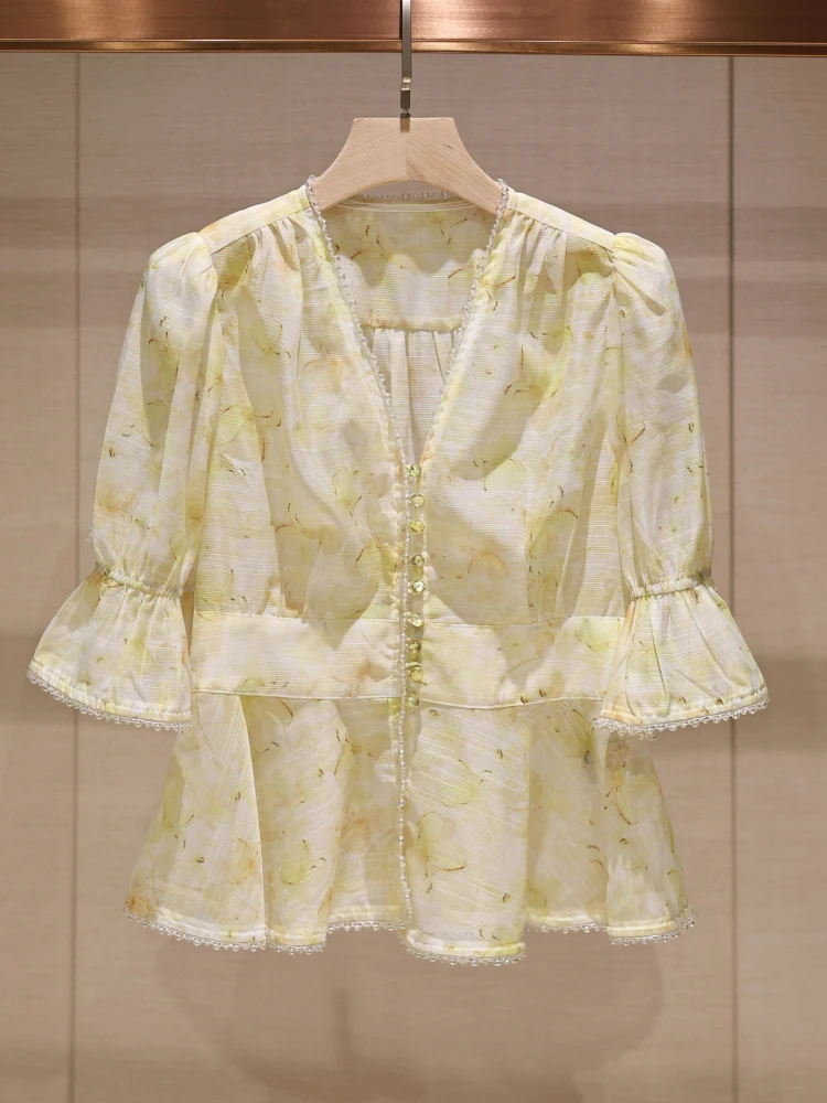 

Romantic Floral Print irt Women's V-ne Bell Sve Casual Breathable Summer New Sle JOOva Commute Sle Slim Fit irt