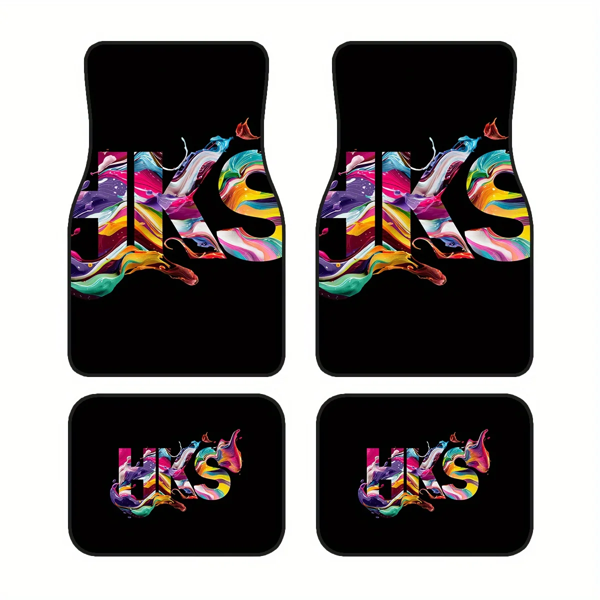 4pcs, Non-Slip Polyester Car Mats With Colorful HKS Letter Pattern, Suitable For Sedans And SUVs, Interior Decoration To Protect