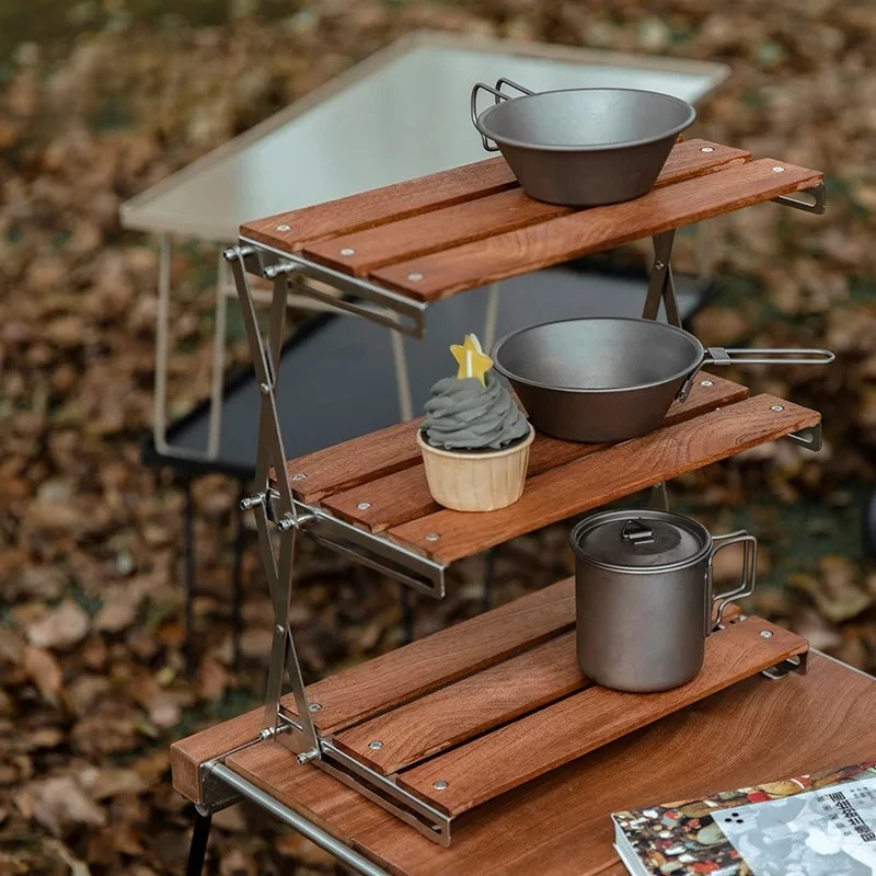 

Outdoor Camping Cups Bowls Folding Storage Rack Wooden Three-tier Storage Bracket Picnic Tableware Cookware Rack Campsite Shelf