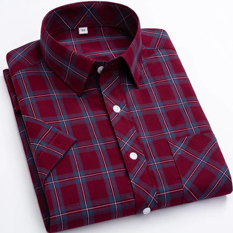 Cotton Shirts For Men Daily Use Plus Size Red Navy Plaid Striped Short Sleeve Preppy Style Clothing Dress Shirts Young Summer