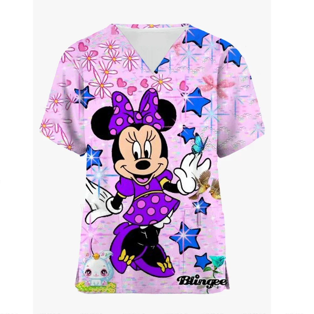 

Disney Mickey Mouse Nurse Uniform Women Minnie Print Medical Scrubs Working Short Sleeve Uniform Blouse Scrubs Nursing Working