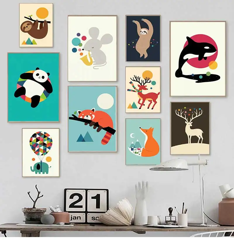 Canvas Painting Nordic Child Poster Fox Elk Raccoon Koala Cartoon Animal Print Modular Wall Art Pictures for Kids Room Decor