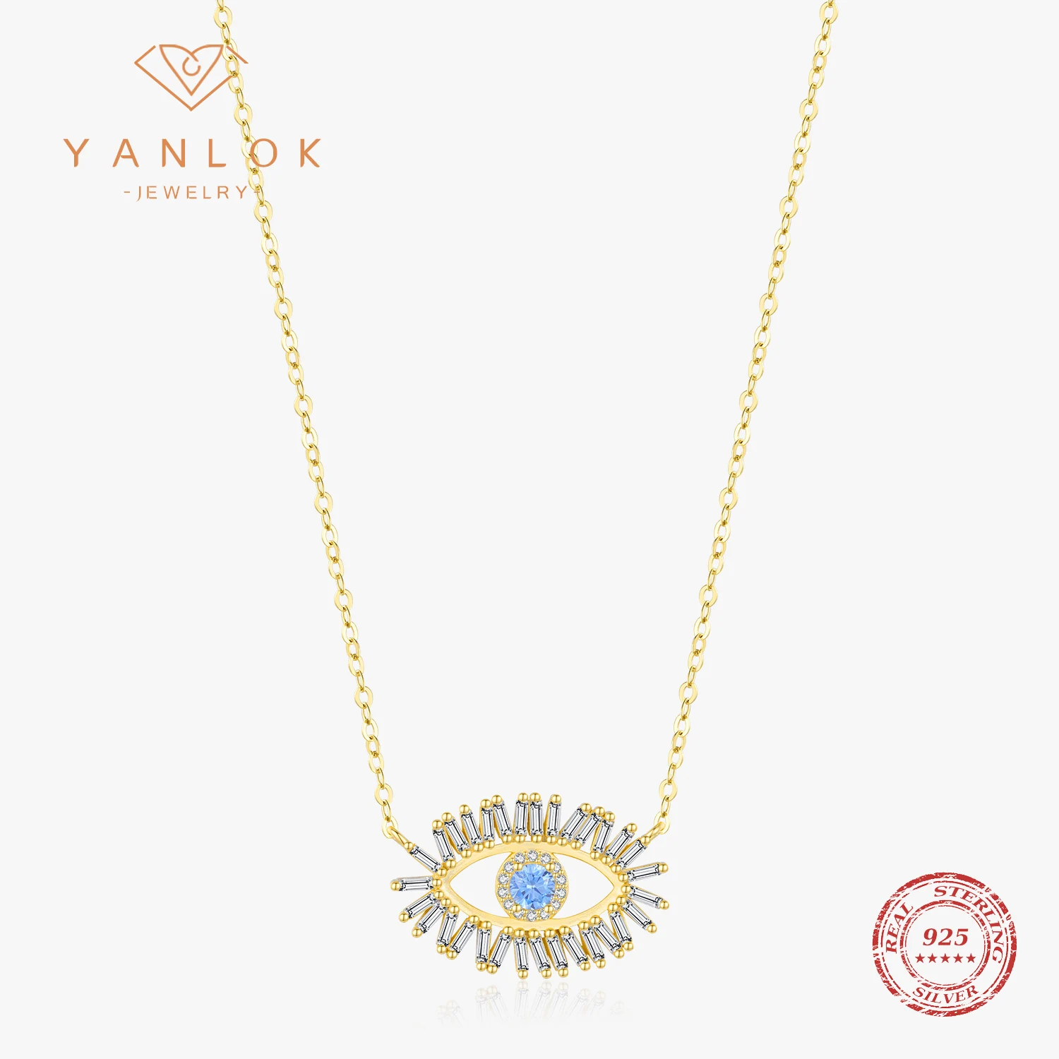 YANLOK Original Design Blue CZ Ghost Eye Pendant Necklace 925 Sterling Silver Gold Color Link Chain For Women Party Fine Jewelry