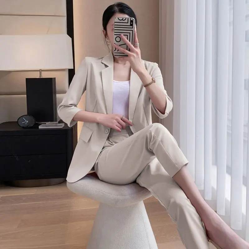 2024 Summer New Candy Color Unlined Thin Jacket Blazers Pencil Pants Two Piece Set Elegant Women\'s Office Business Set