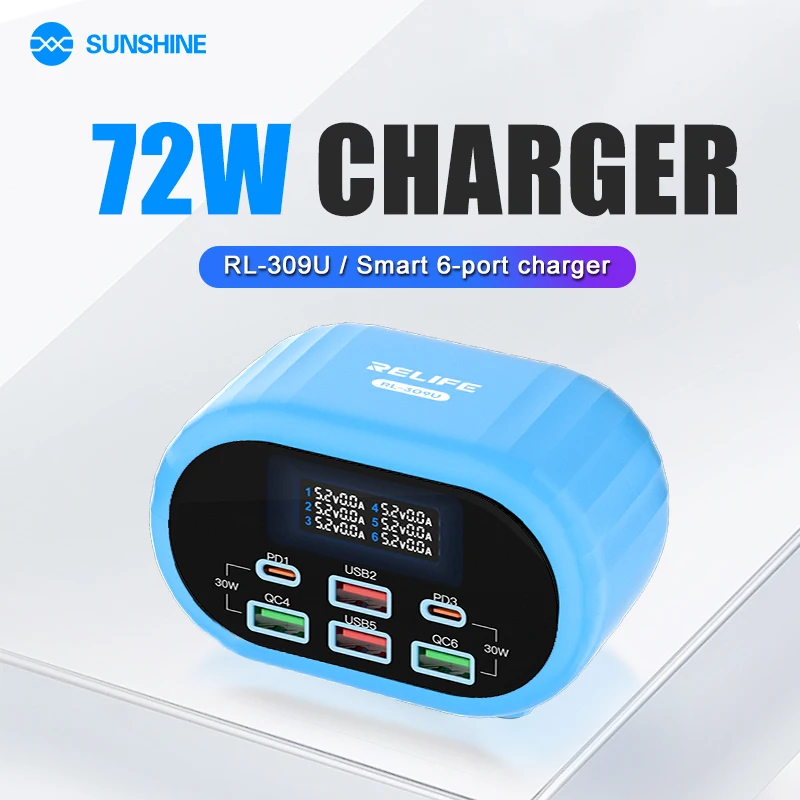 

RELIFE RL-309U 6-Port USB smart charger High Power Dual PD/Dual QC Rapid Charger is suitable for mobile phone tablet computers.