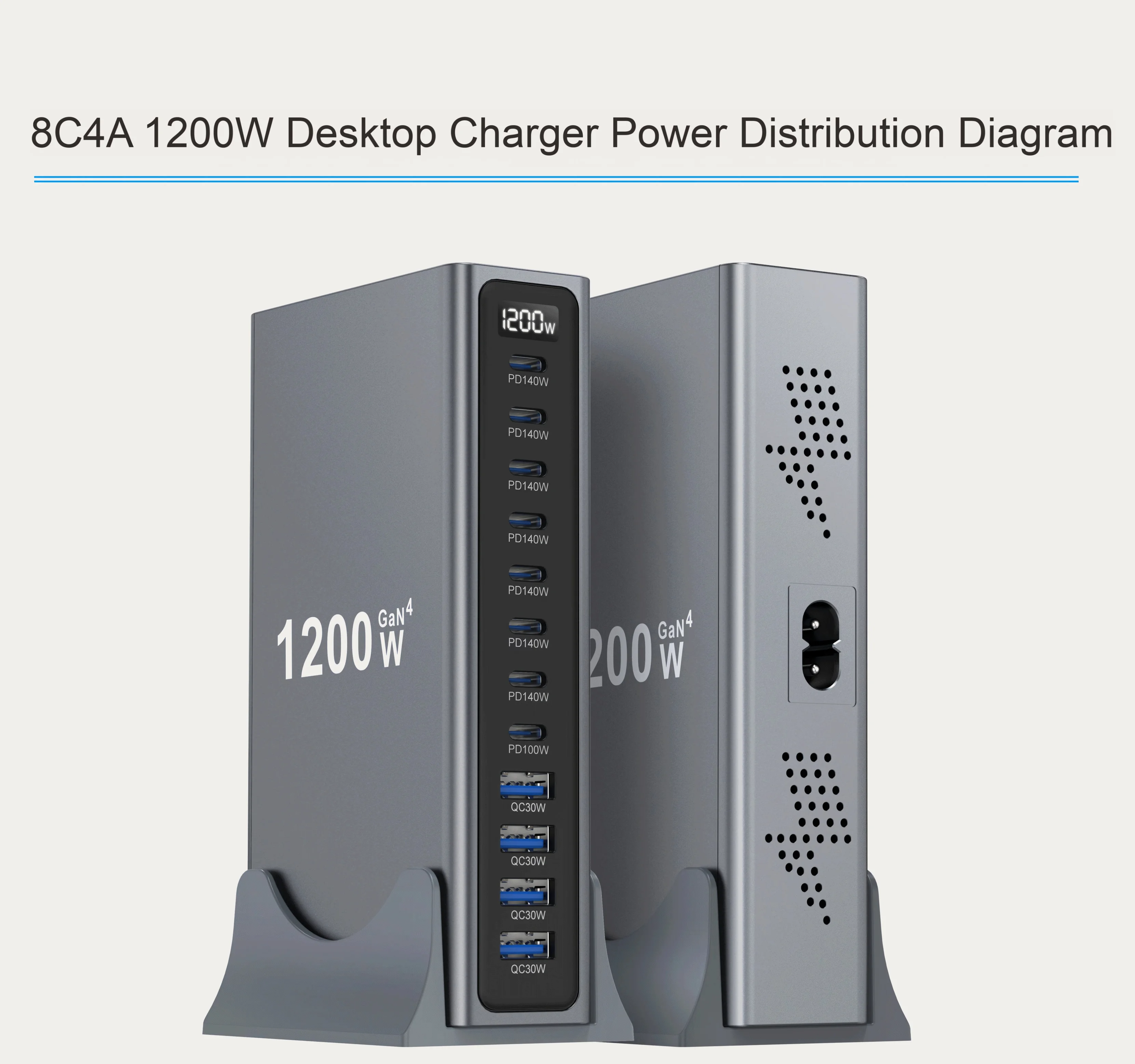 1200W GaN Desktop-Ladegerät 8C4A 12-Port PD Schnellstation PD140W QC30W für Laptop iPhone 17 18 Gleichzeitiges Laden mehrerer Geräte – Detail 2