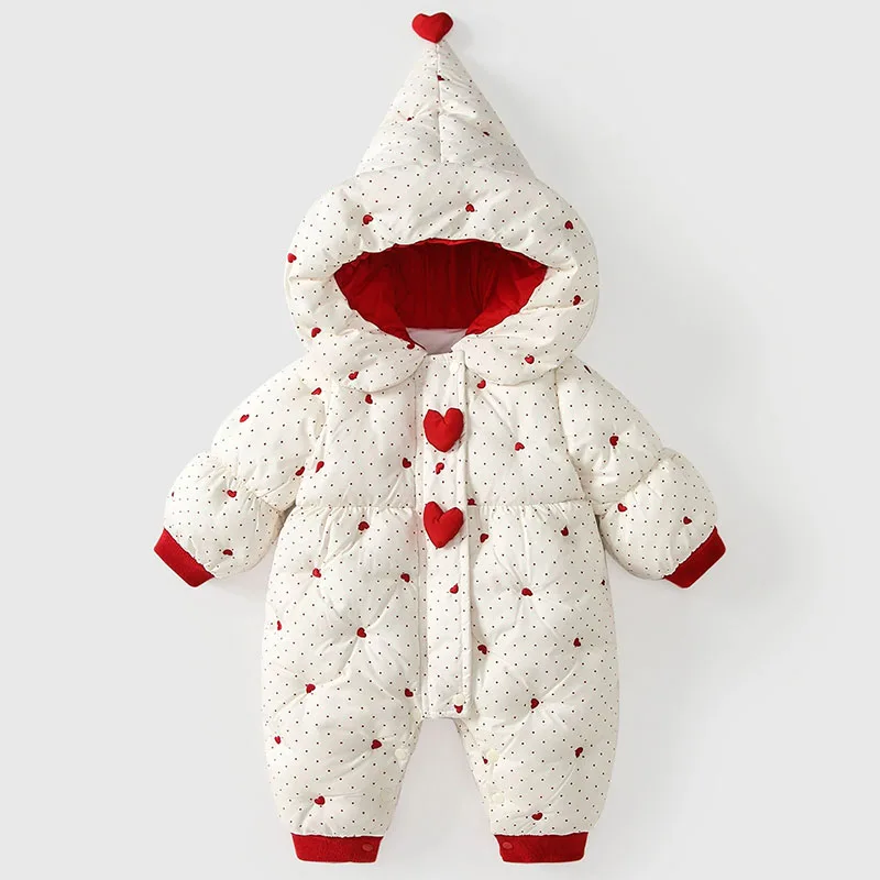 

Зимняя одежда для маленьких девочек, китайский новогодний наряд для малышей, милые теплые толстые комбинезоны принцессы в горошек с капюшоном, комбинезон для новорожденных, B339