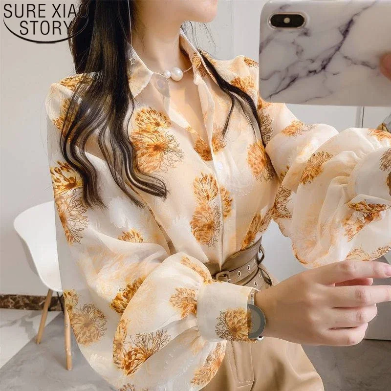 Flower Print Long Lantern Sleeve Casual Chiffon Shirts 2024 Summer Women Clothes Vntage Button Loose Turn-down Collar Tops 21537