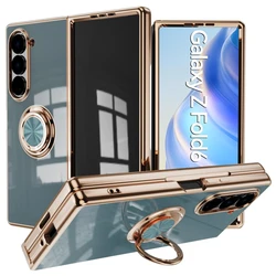 Luxury Plating Silicone Shockproof Bumper Case for Samsung Galaxy Z Fold 7 6 5 4 ZFold Fold6 Fold5 Fold4 Cover with Ring Holder