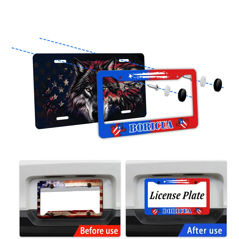 Vintage y divertido Boricua - Marco para matrícula con temática de 2 orificios y patrones de ranas, viene con juego de tornillos, regalo de decoración de coche