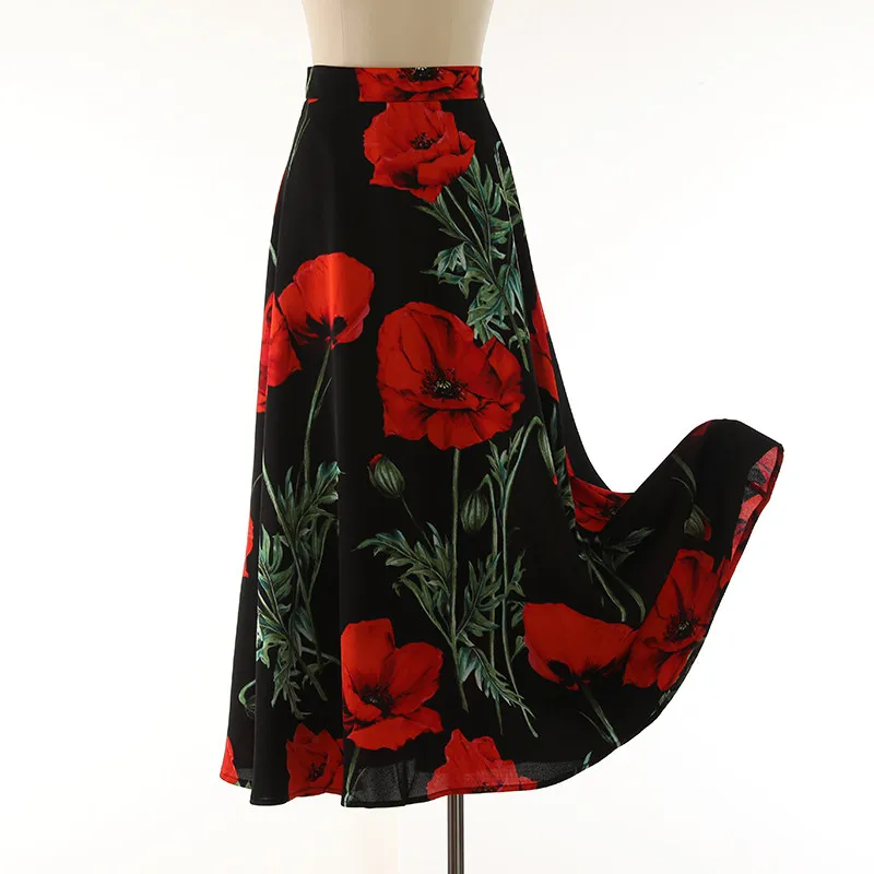High Quality New Spring Autumn Vintage Printed Women Ultra Long Skirts Elegant High Waist Fashion Lady A-line Pleated Skirt