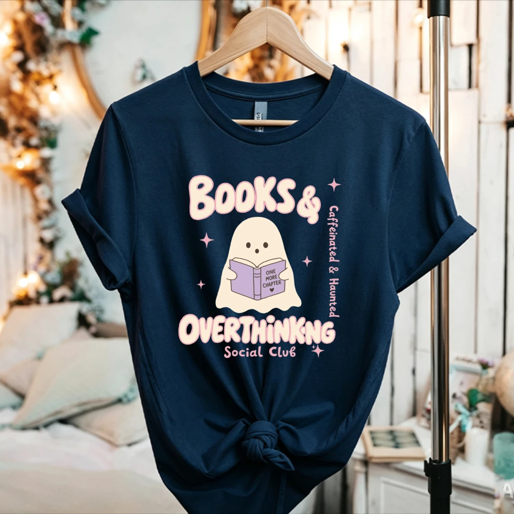 Women Books & Overthinking Social Club Cute Ghost Reading Book Graphic T Shirt Book Lover Introvert Short Sleeve Cotton Tee Tops