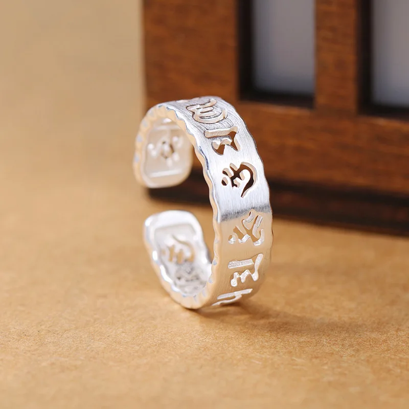 

Новые креативные шестисловные мантры, матовое стерлинговое серебро 925 пробы, модные ювелирные изделия, полые кольца с древним сценарием, счастливые открывающиеся кольца R288