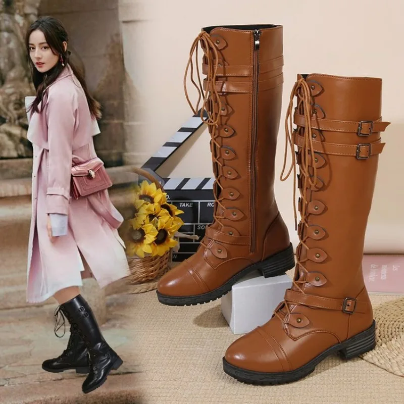 

Women Knee high Boots Autumn Winter Lace Up Flat Shoes Sexy Steampunk PU Retro Buckle women shoes Ladies Snow Boots Plus Size 43