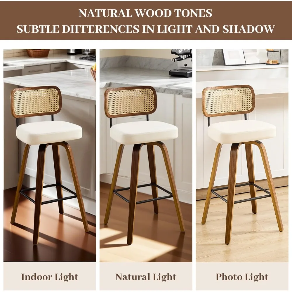 مقاعد بار ذات ارتفاع دوار، مقاعد بار منجدة من الجلد الصناعي مع ظهر من الخيزران، كراسي بار بارتفاع 26 مقعدًا للمجموعة #5