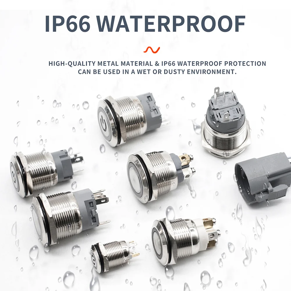 Metal Push Button Switch Waterproof LED 12/16/19/22mm Light Momentary Self-locking Automatic Reset Power Symbol Button with