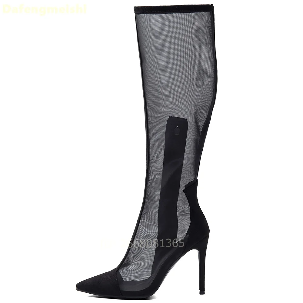Black Sheer Mesh Knee High Boots Pointed Toe Side Zipper Thin Stiletto Heels Women Summer Party Street Fashion Tall Heel Boots