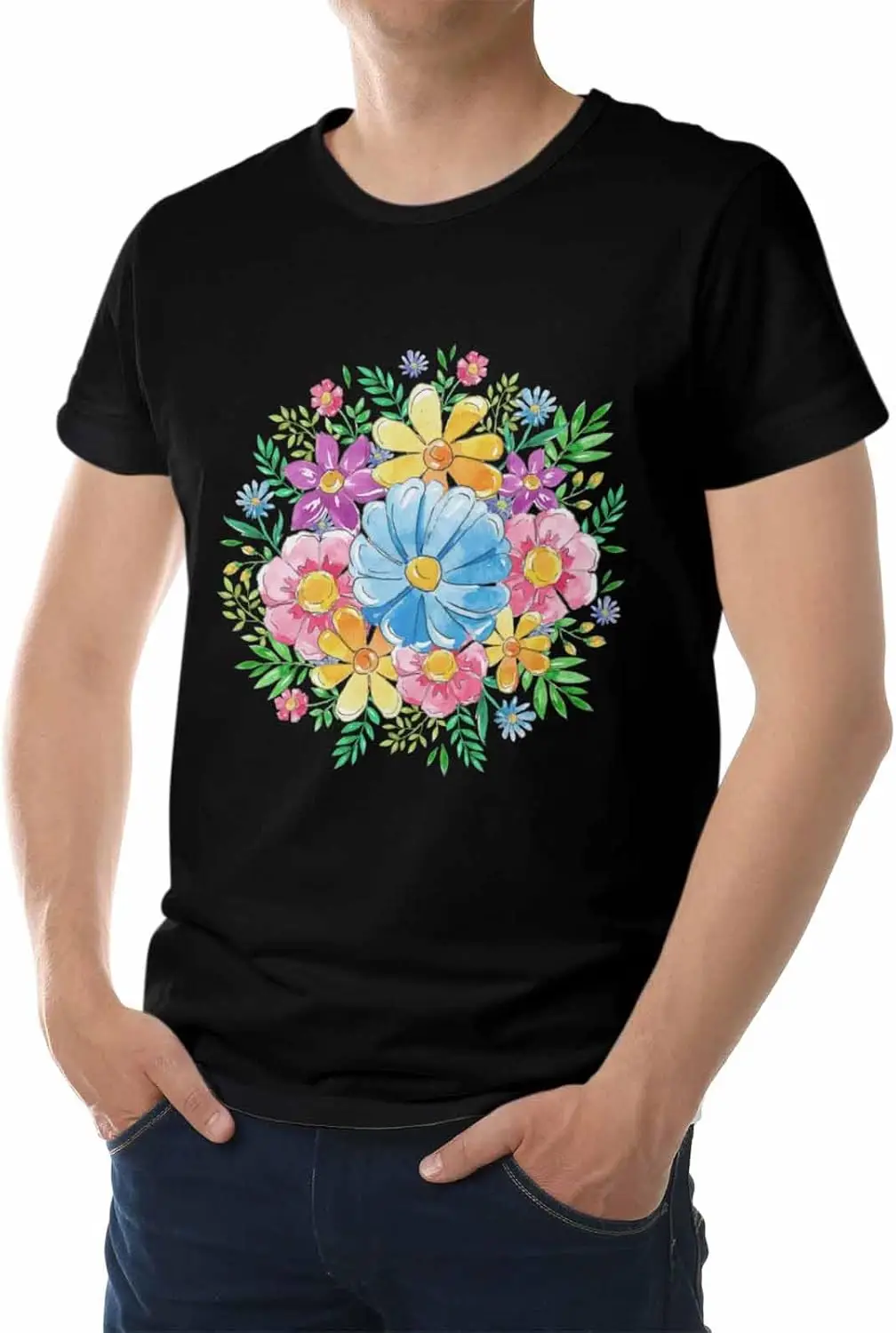 Men's T-Shirt, Novelty Graphic T-Shirt Watercolor Colorful Flowers Leaves Cotton Crew Neck Men's Short