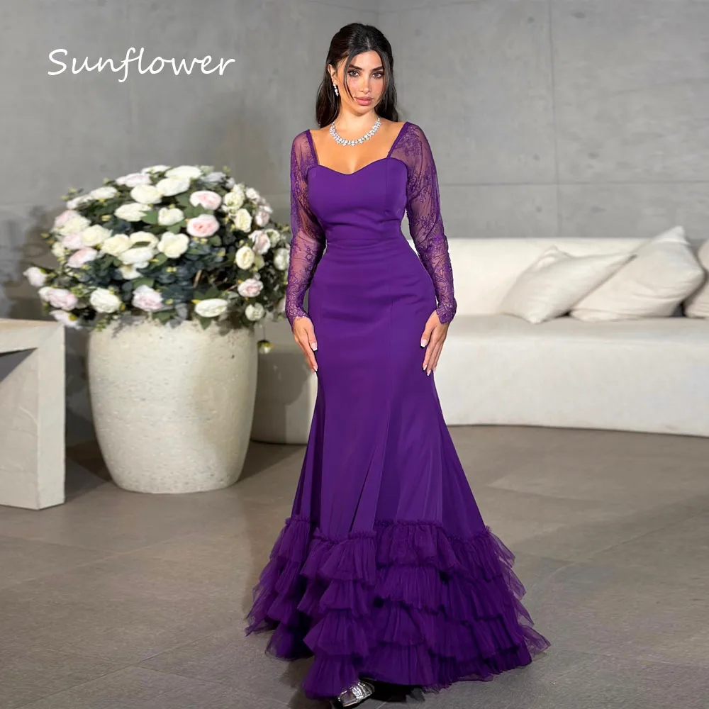 Sunflower Purple Sweetheart Crepe Prom dress 2024 Slim Lace Long Sleeve Evening Dress Zipper Up Tiered Mermaid Party Dress